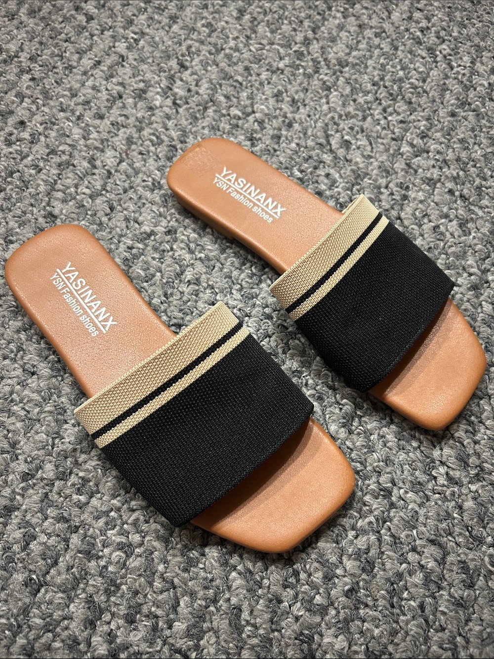 Women’s Black and Tan Slide Sandals